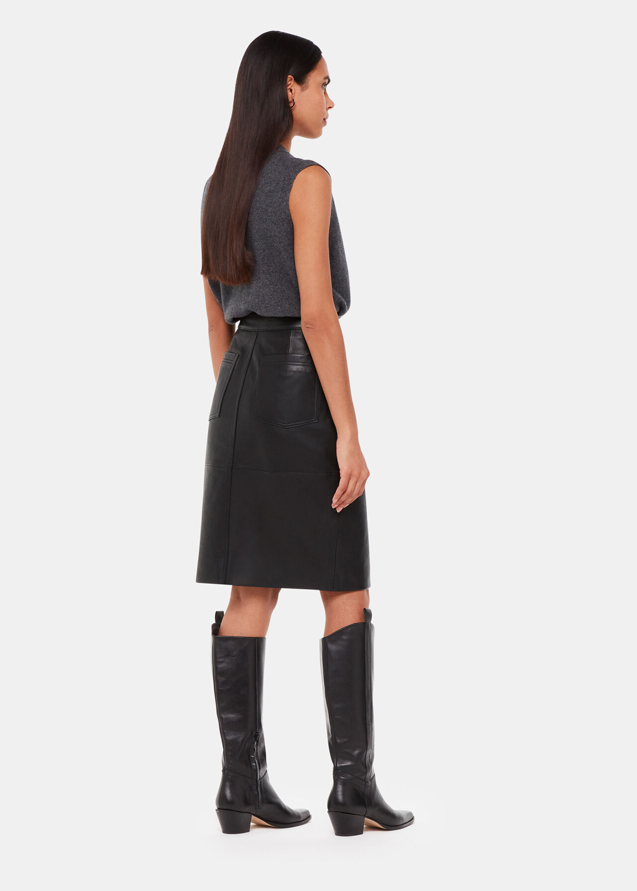 Leather Front Split Midi Skirt