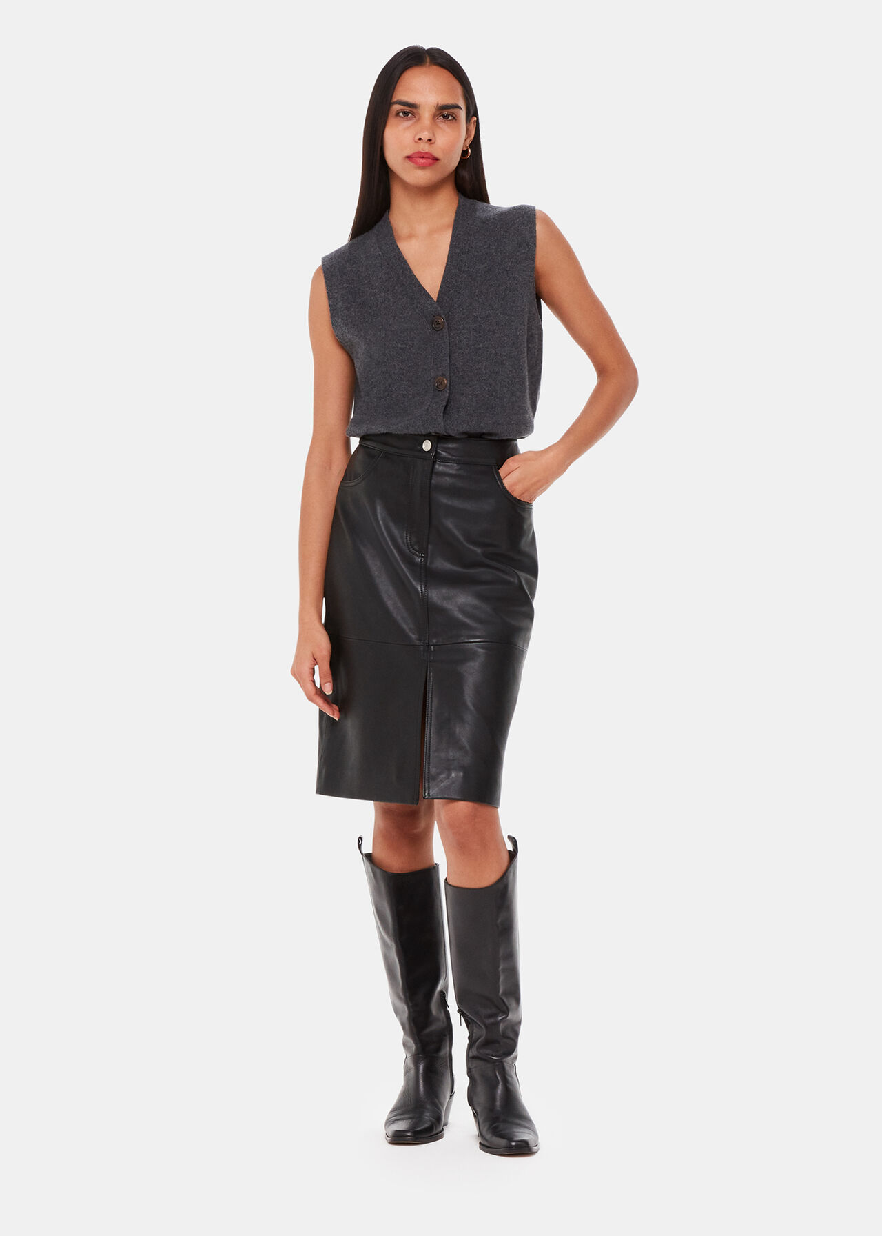 Leather Front Split Midi Skirt