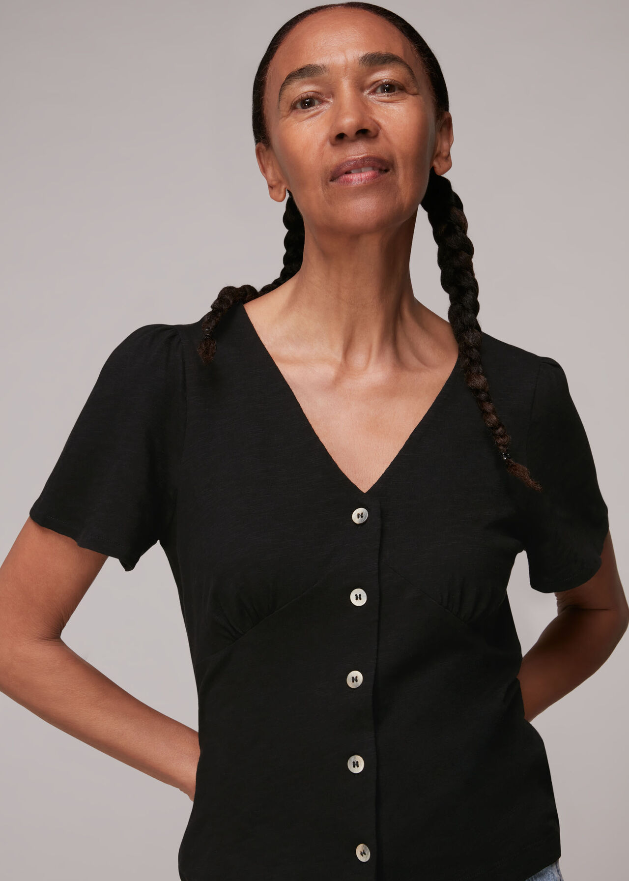 Button Front Frill Top Black