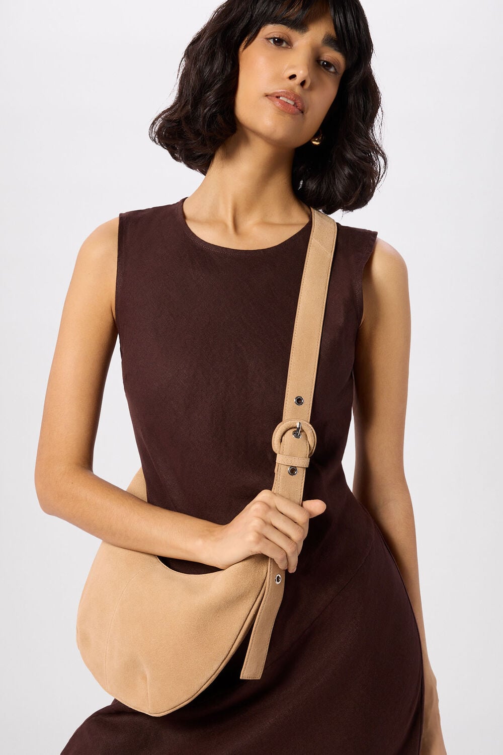 Neutral Small Sia Suede Crossbody Bag