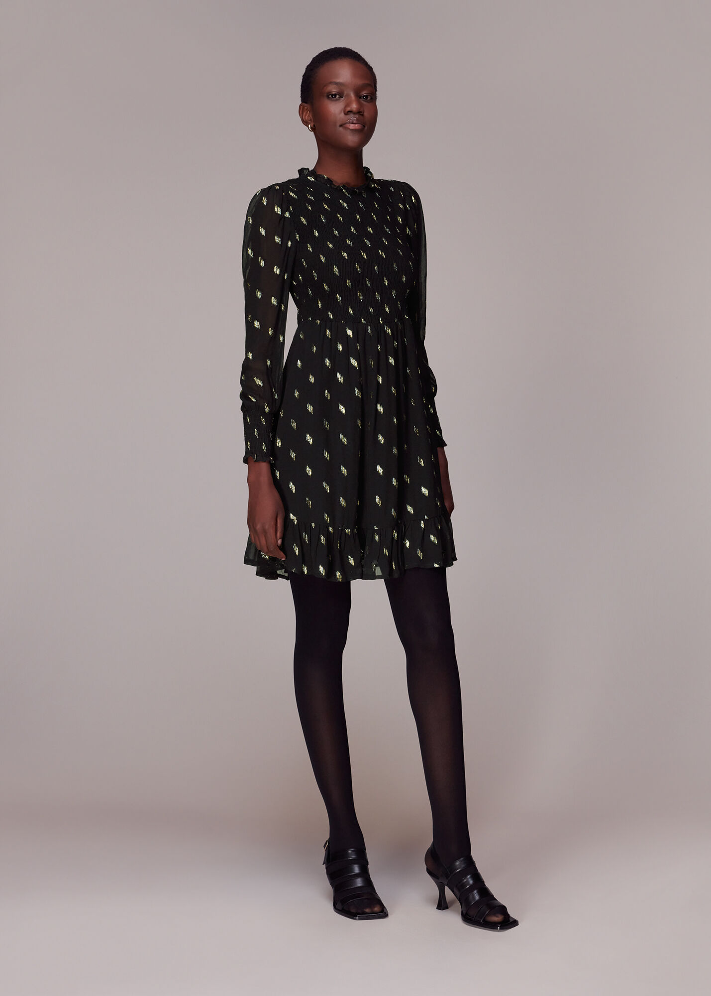 Black/Multi Dobby Shirred Metallic Dress WHISTLES