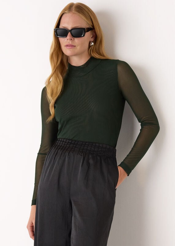 Dark Green High Neck Mesh Top