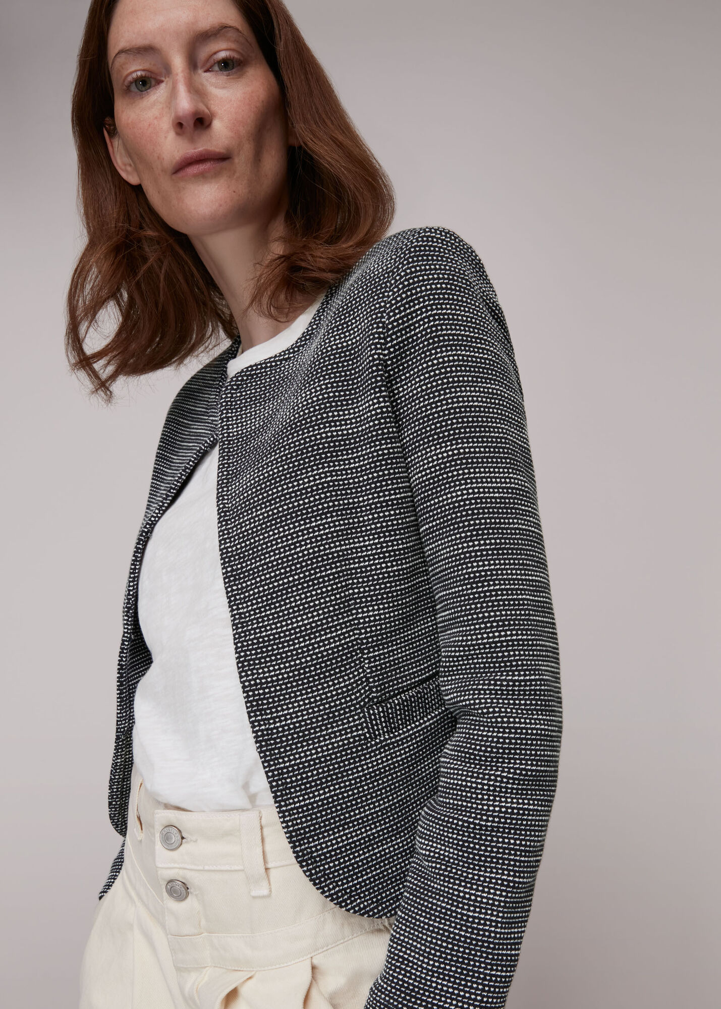Whistles Women Tweed Collarless Jersey Jacket - Navy, White - 10