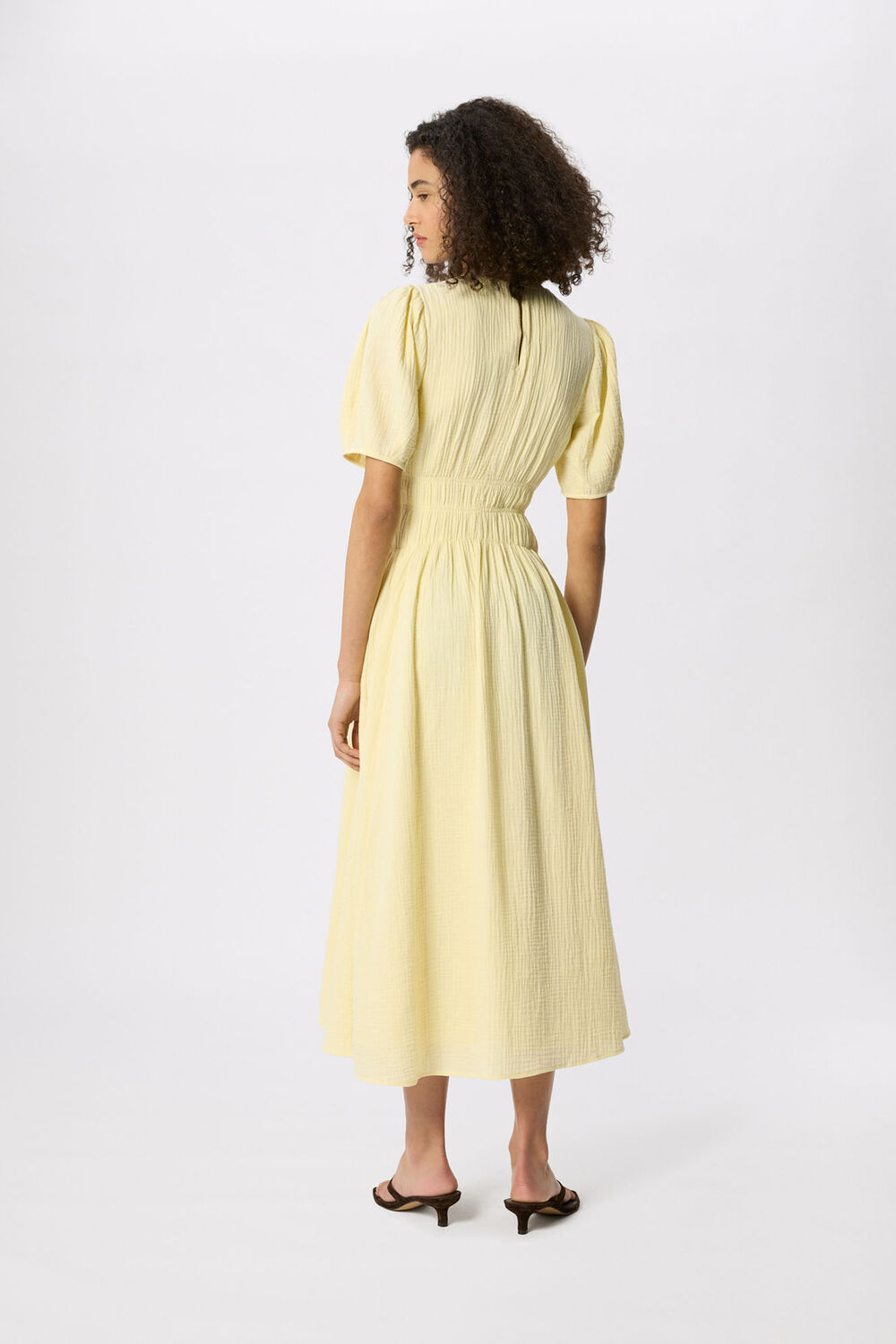 Yellow Shirred Cheesecloth Midi Dress