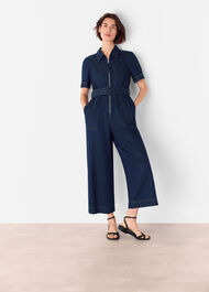 Denim Pintuck Belted Jumpsuit