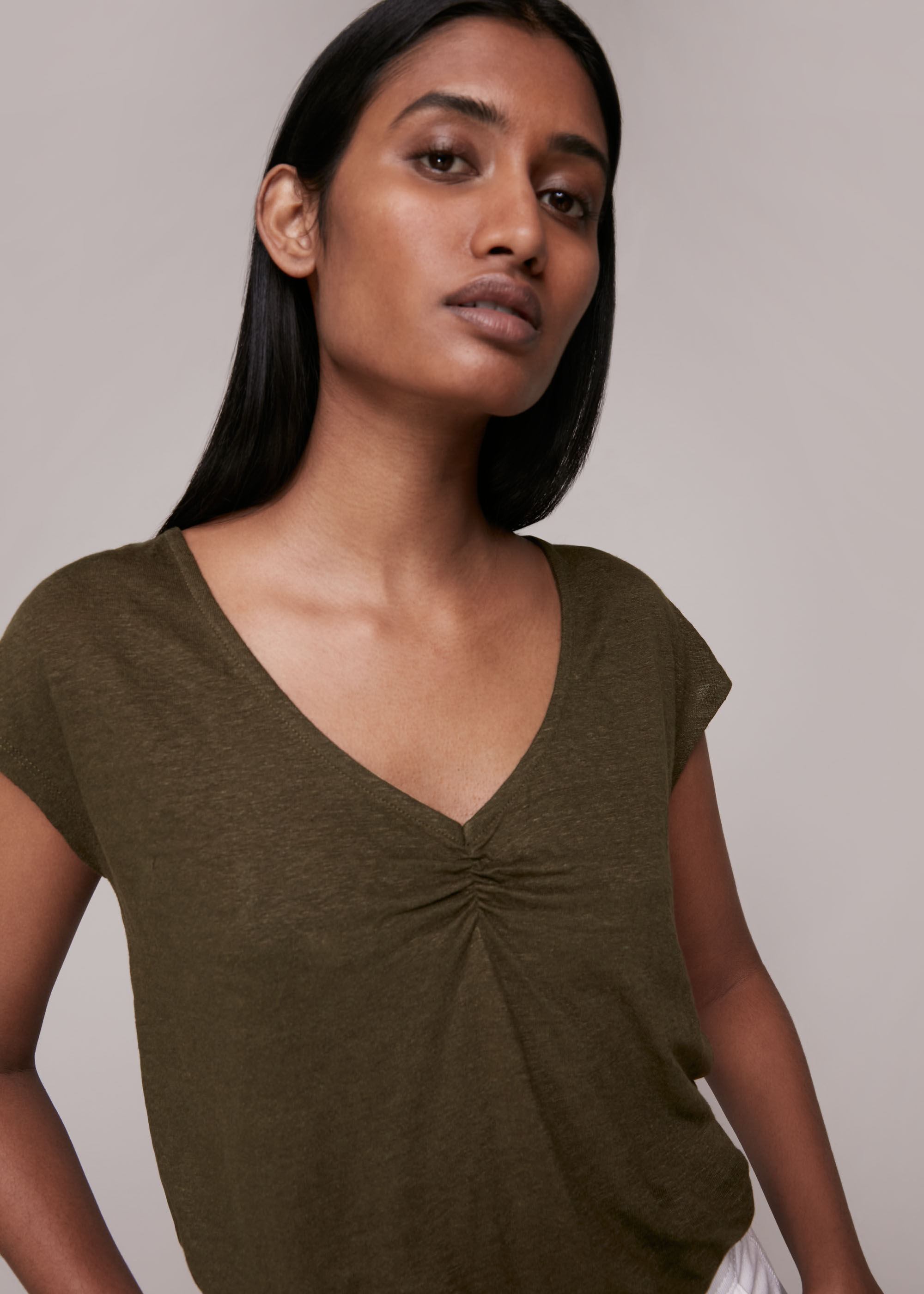 Khaki Ruched V Neck Linen Tee WHISTLES