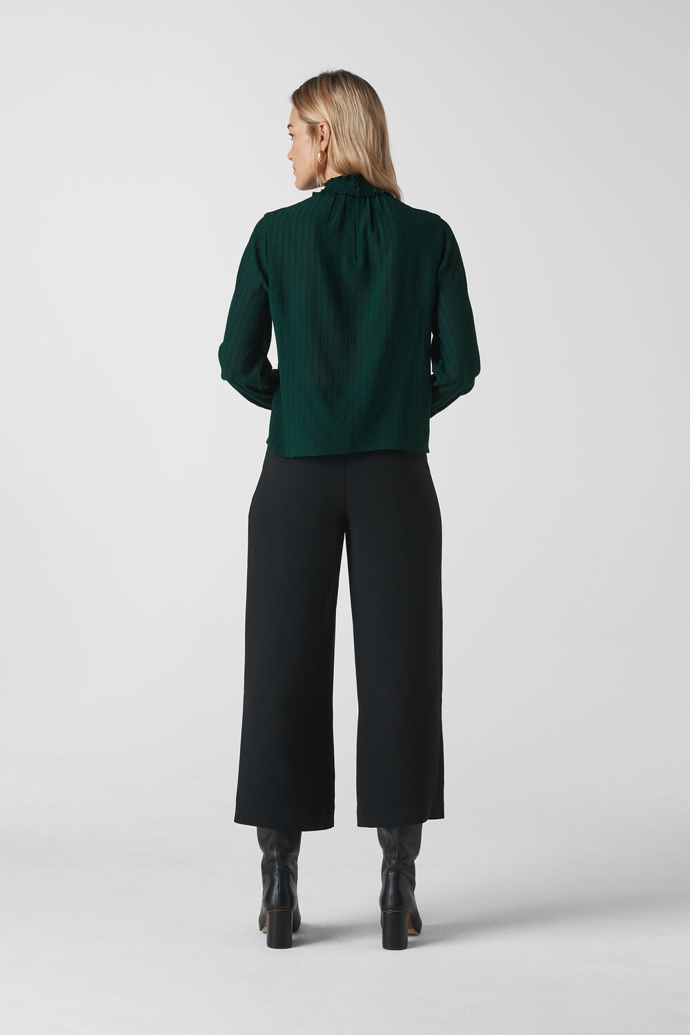 High Neck Stripe Blouse Dark Green