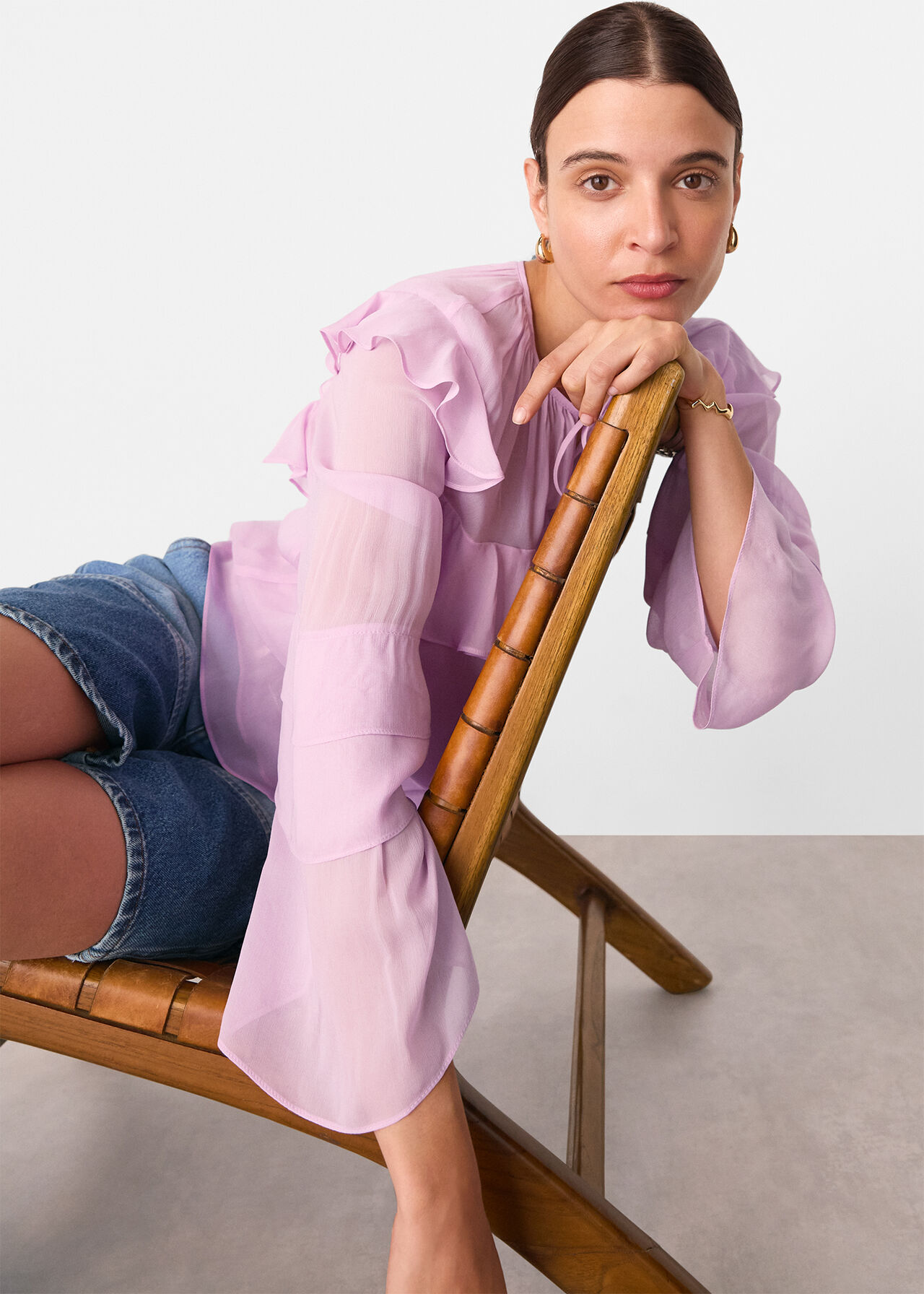 Sheer Tie Neck Frill Blouse