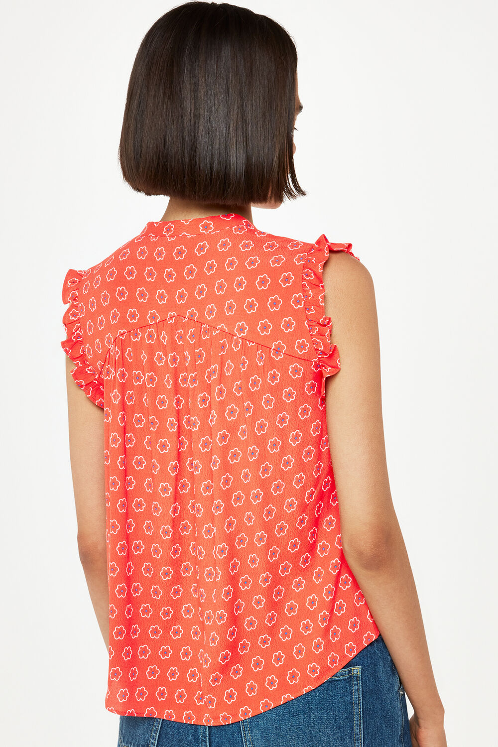 Red Flower Charm Frill Sleeve Top
