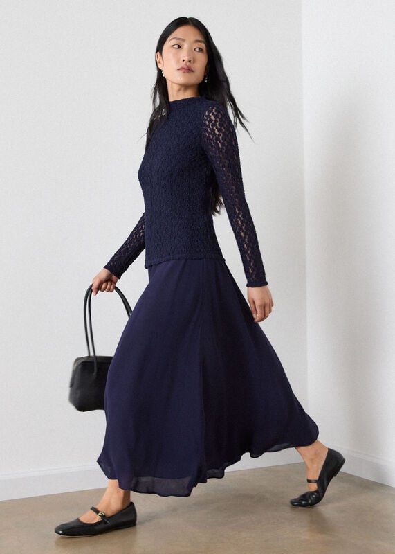 Navy Textured Drop Waist Dress