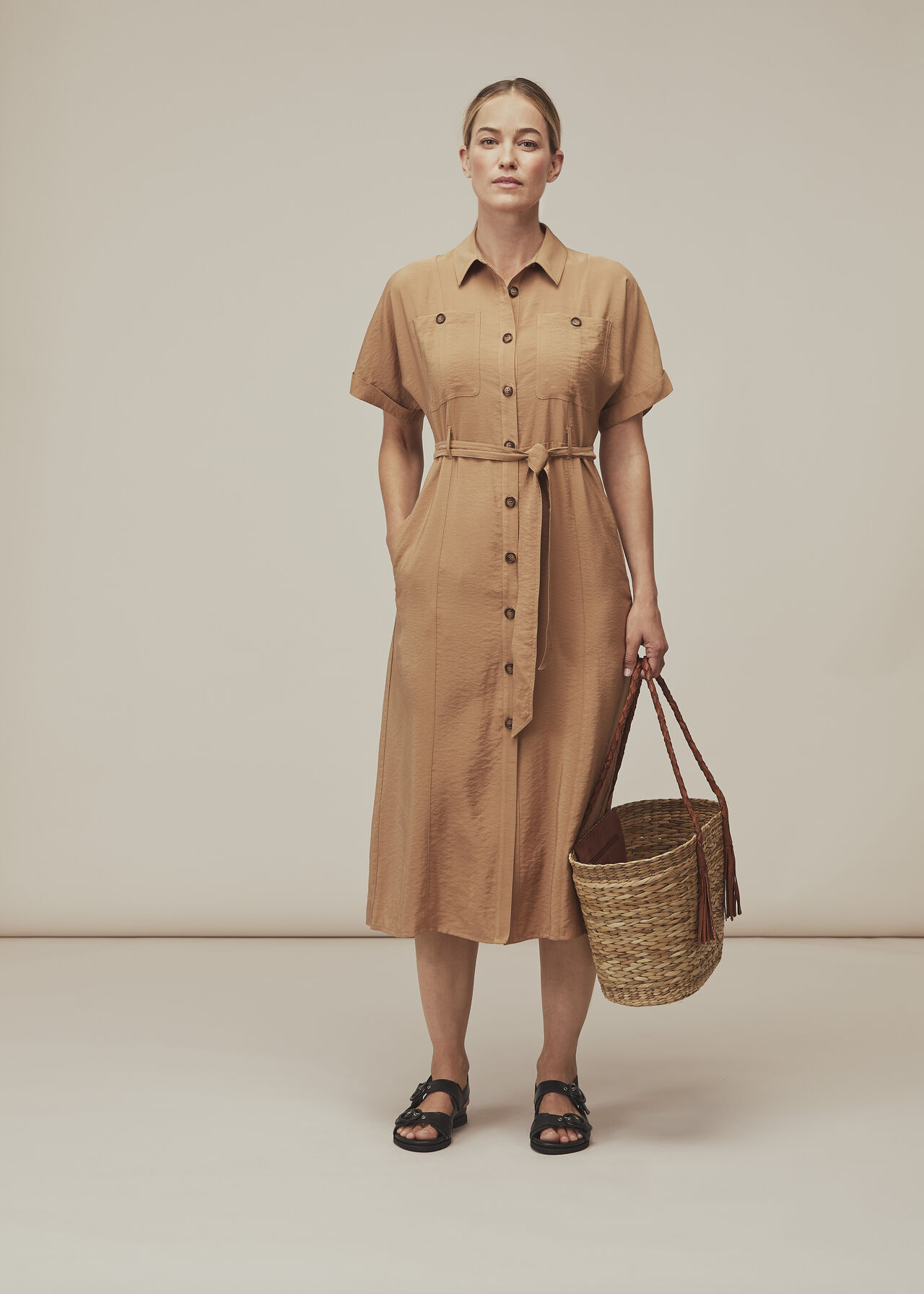 Military Belted Midi Dress Beige