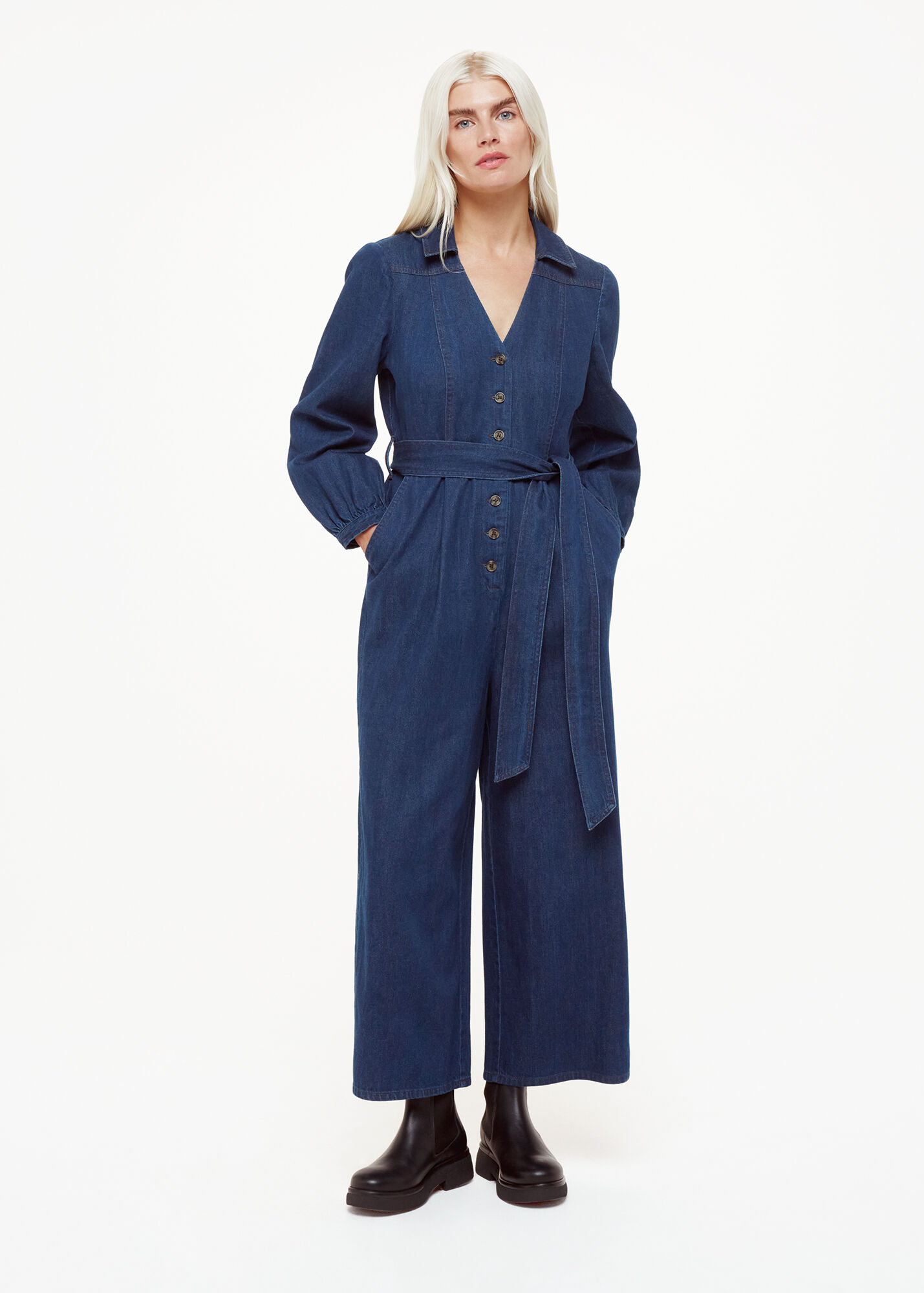Denim Jumpsuit With Swarovski Detail And Waist Belt