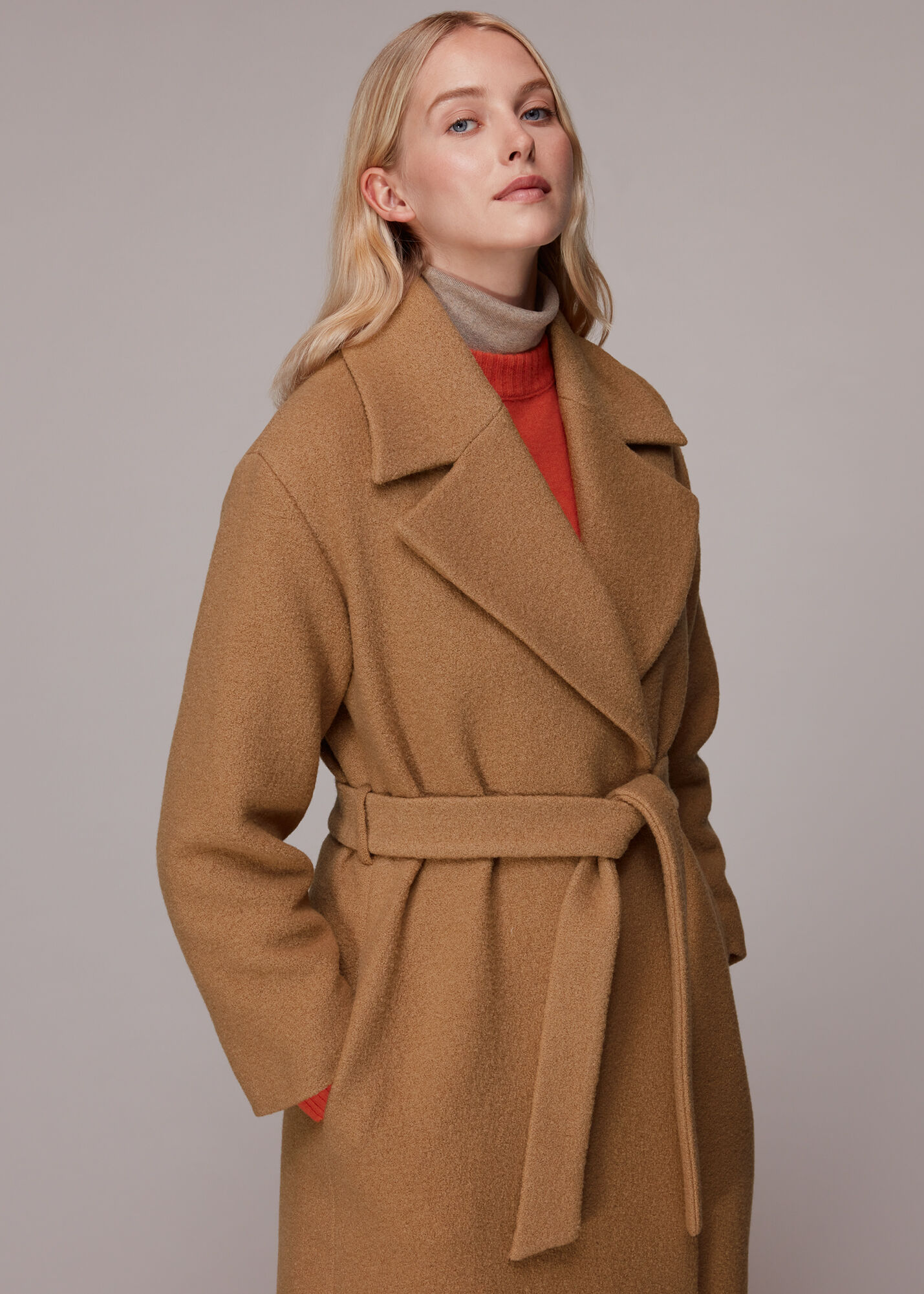 Camel Wool Belted Wrap Coat with Tie Waist, Whistles