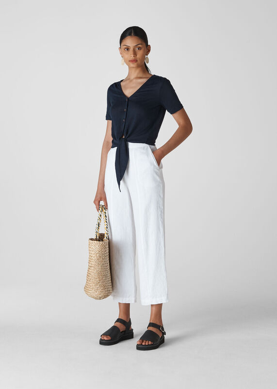 Navy Linen Button Front Tie Top