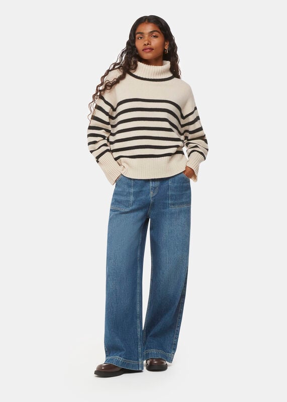 Ivory Petite Stripe Wool Turtleneck Sweater
