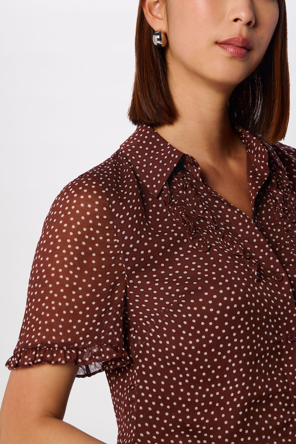 Brown Polka Dot Sheer Sleeve Shirt