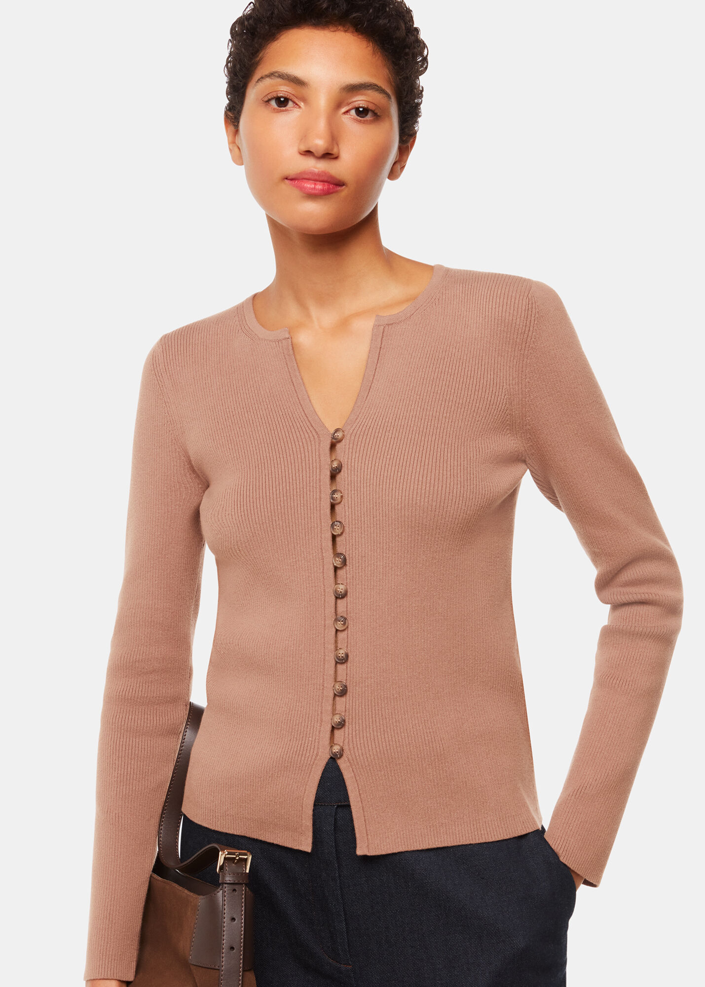 Neutral Ribbed Button Through Cardigan