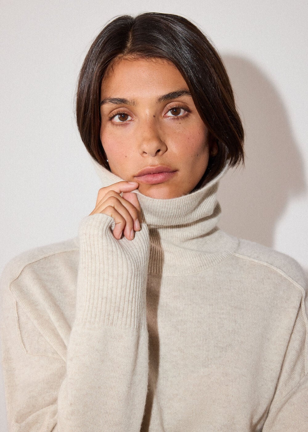 Oatmeal Cashmere Seam Roll Neck Knit