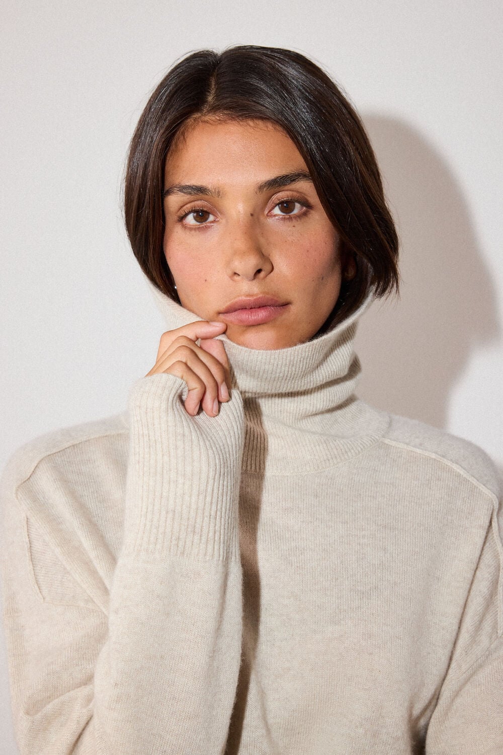 Oatmeal Cashmere Seam Roll Neck Knit