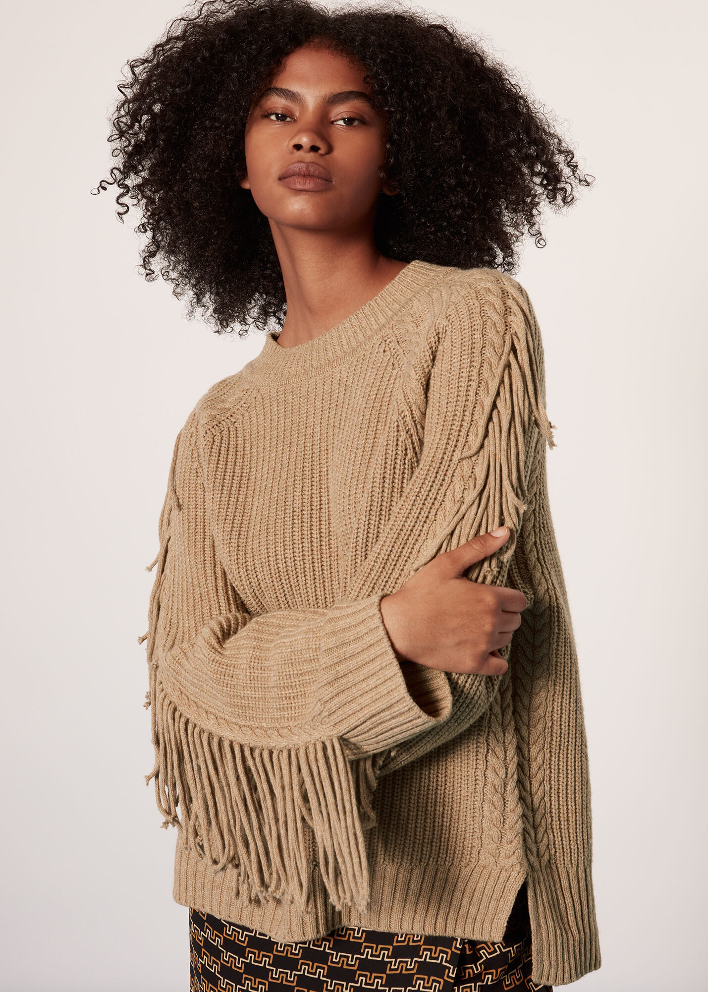 Camel Fringe Sleeve Cable Sweater WHISTLES