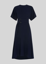 Textured Belted Midi Dress Navy
