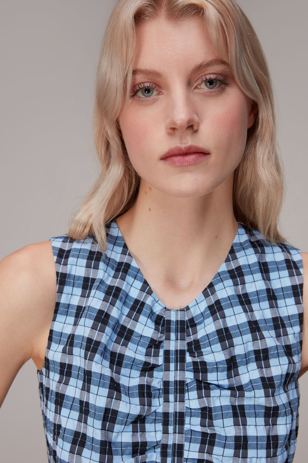 Ruched Gingham Midi Dress