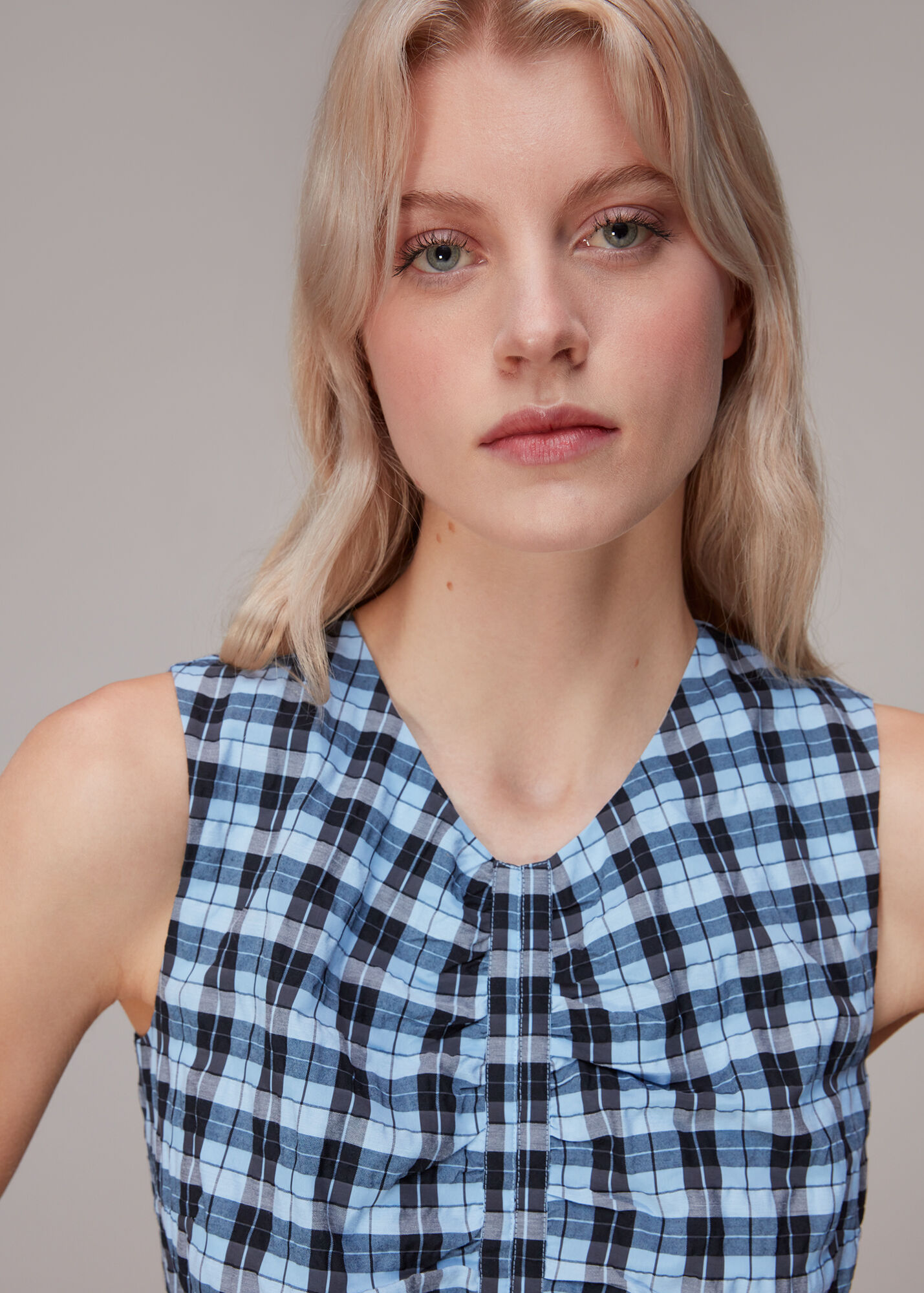Blue/Multi Ruched Gingham Midi Dress WHISTLES