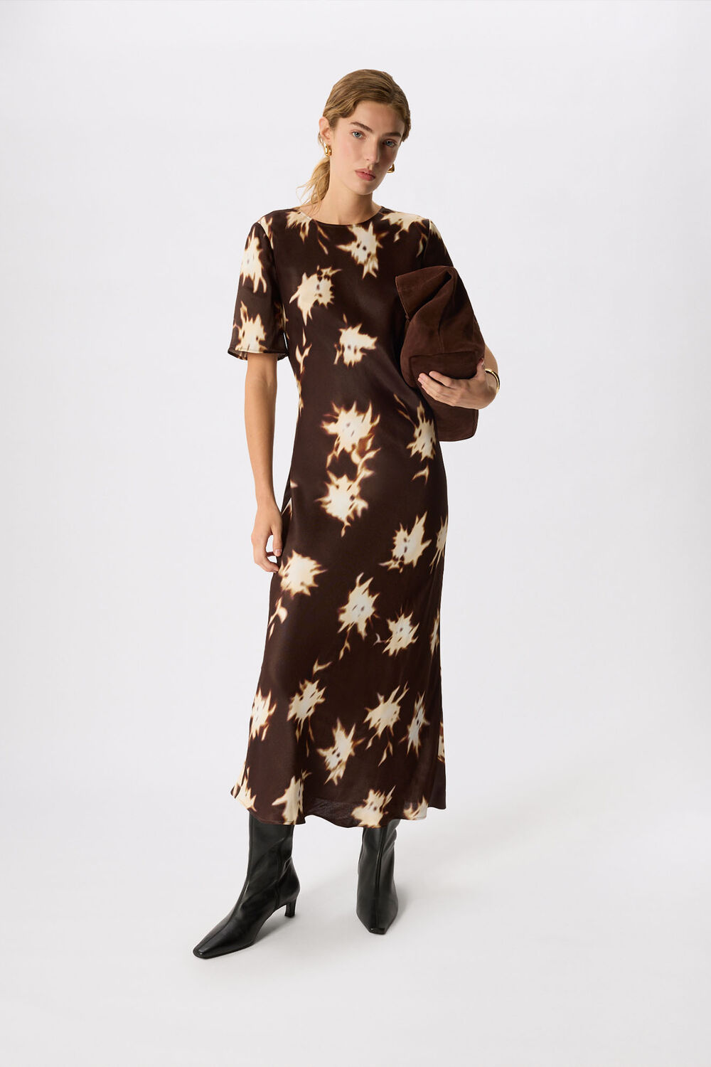 Brown Shadow Floral Midi Dress