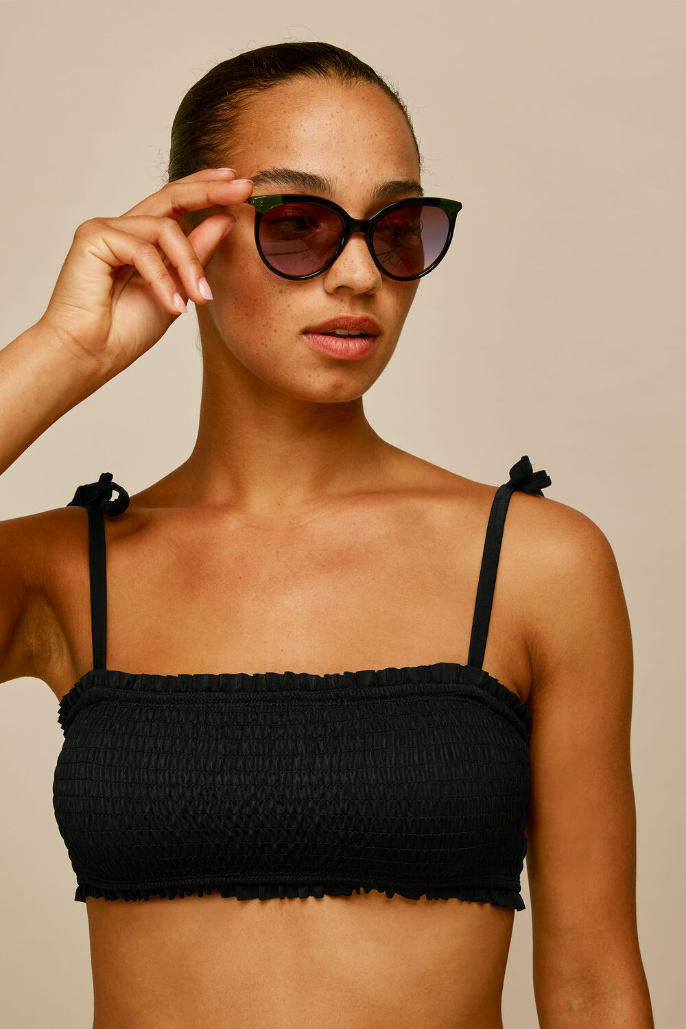 Shirred Tie Strap Bikini Top Black