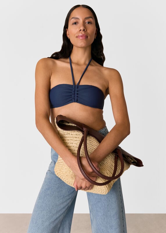 Navy Mixed Rib Halter Bikini Top