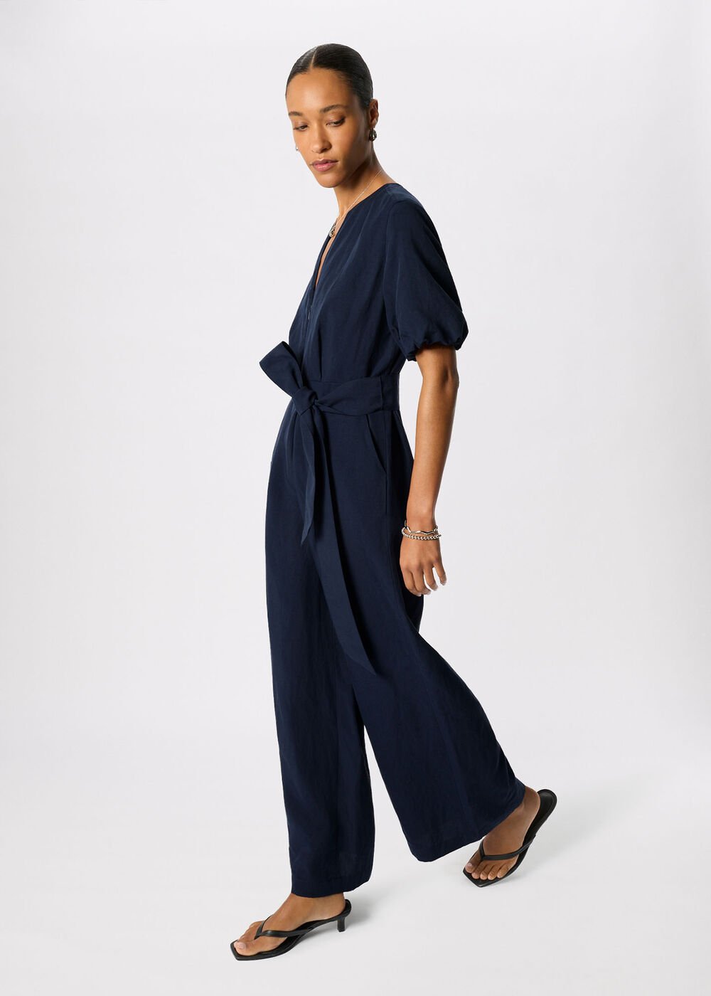 Linen Blend Tie Waist Jumpsuit