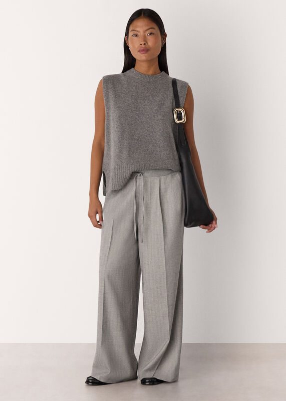 Grey Petite Herringbone Wide Leg Trouser