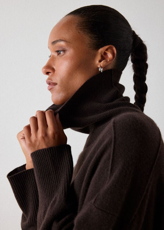 Brown Cashmere Seam Roll Neck Knit
