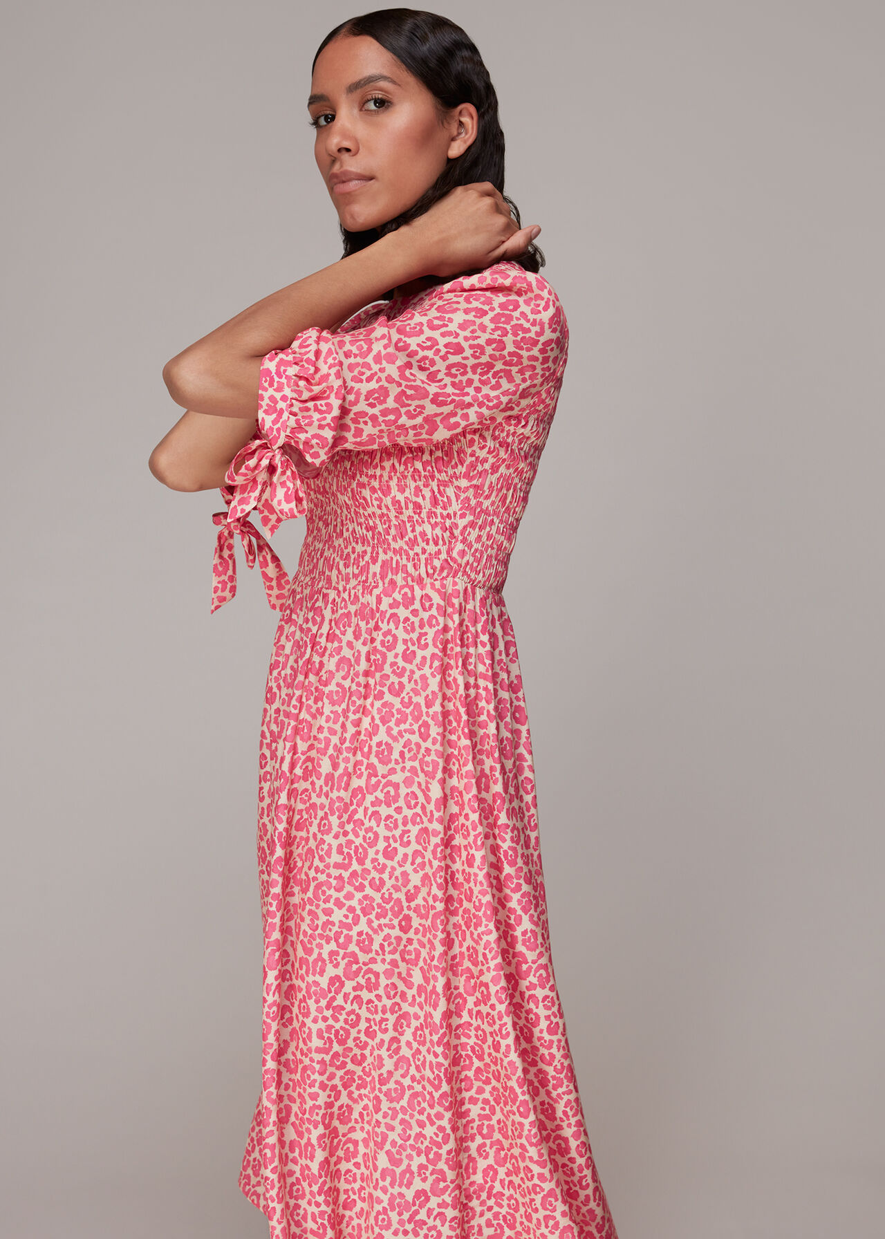 Pink/Multi Cheetah Print Shirred Dress | WHISTLES