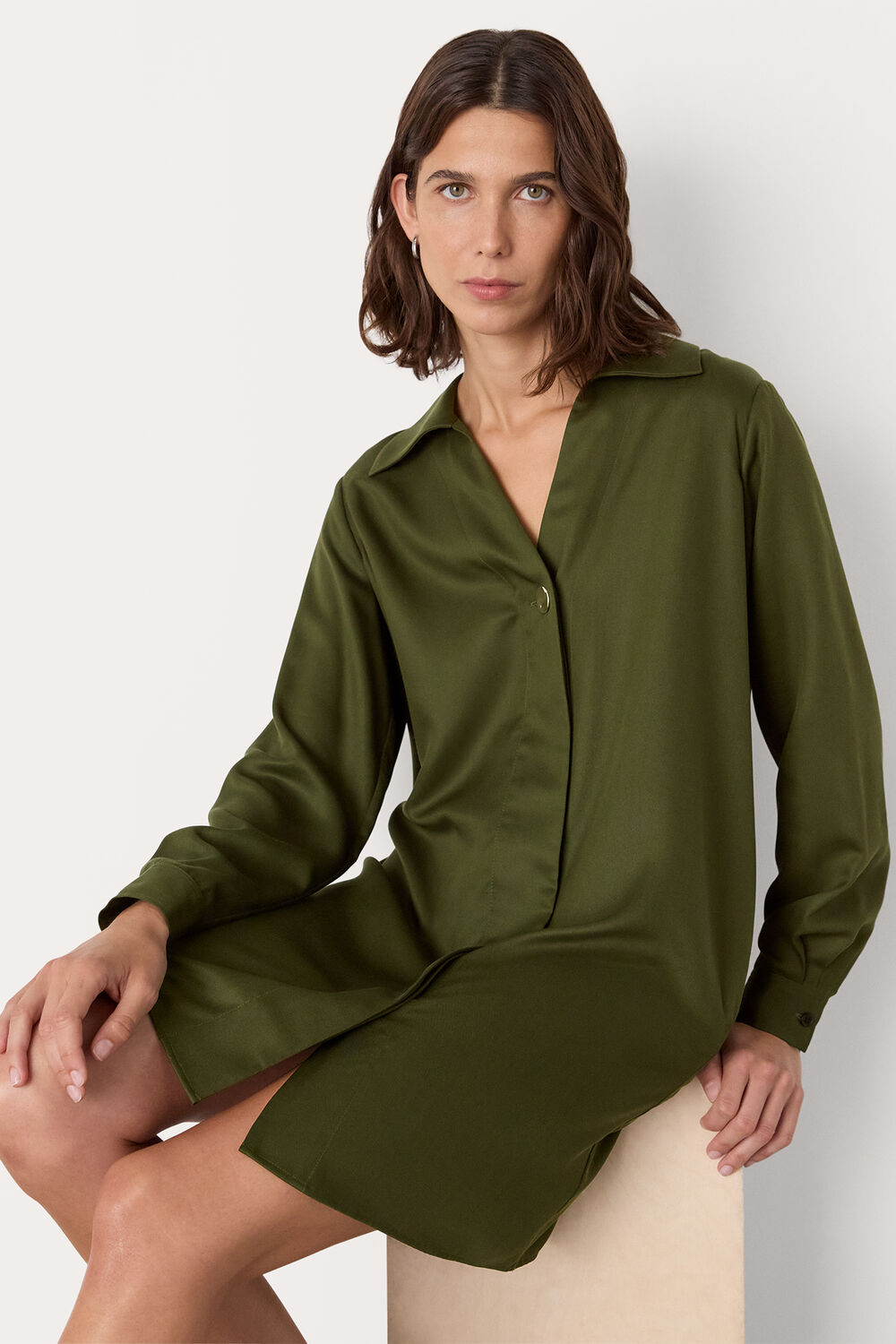 Khaki Collared Button Short Dress