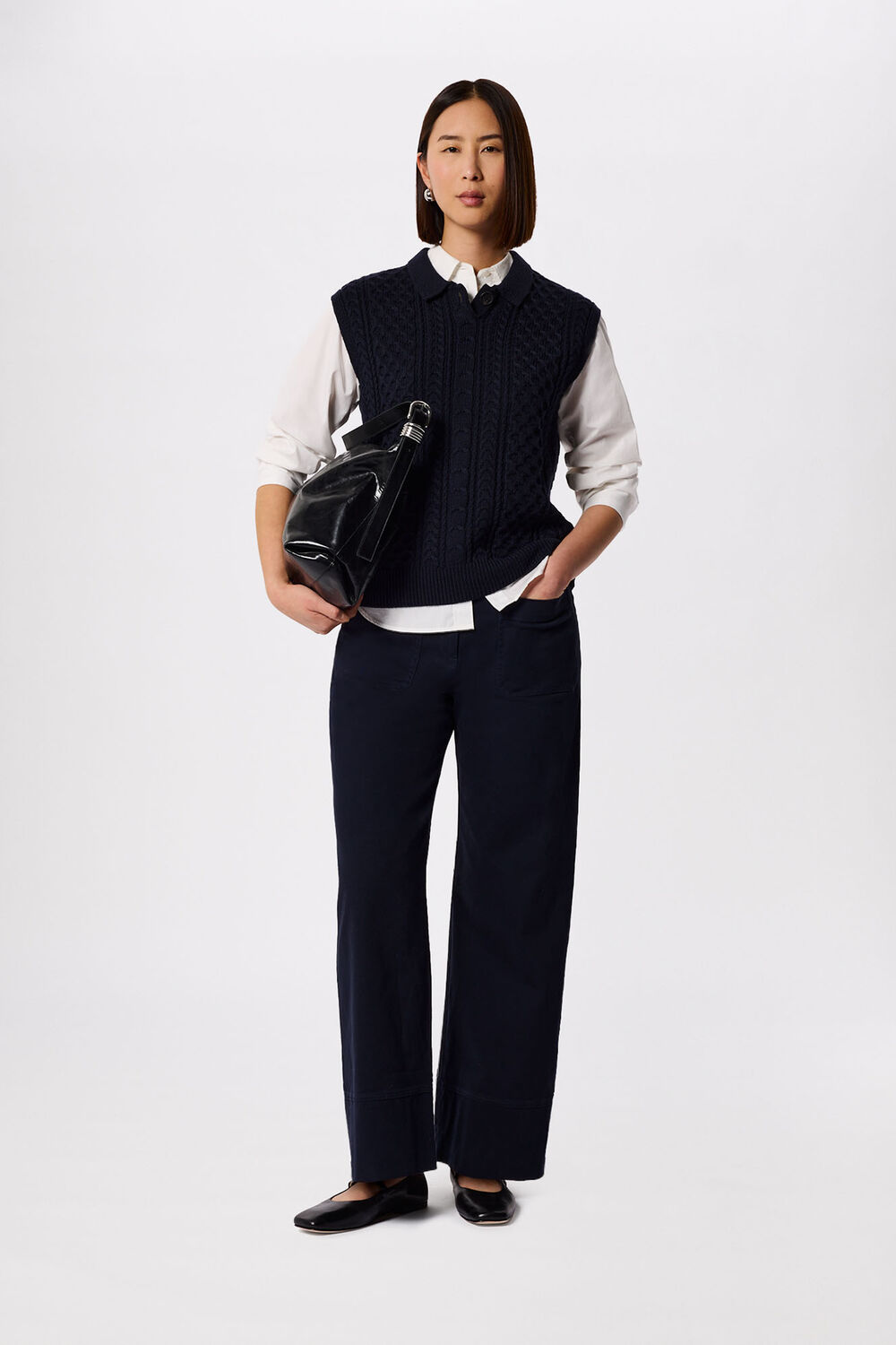 Navy Wide Leg Casual Cotton Trouser