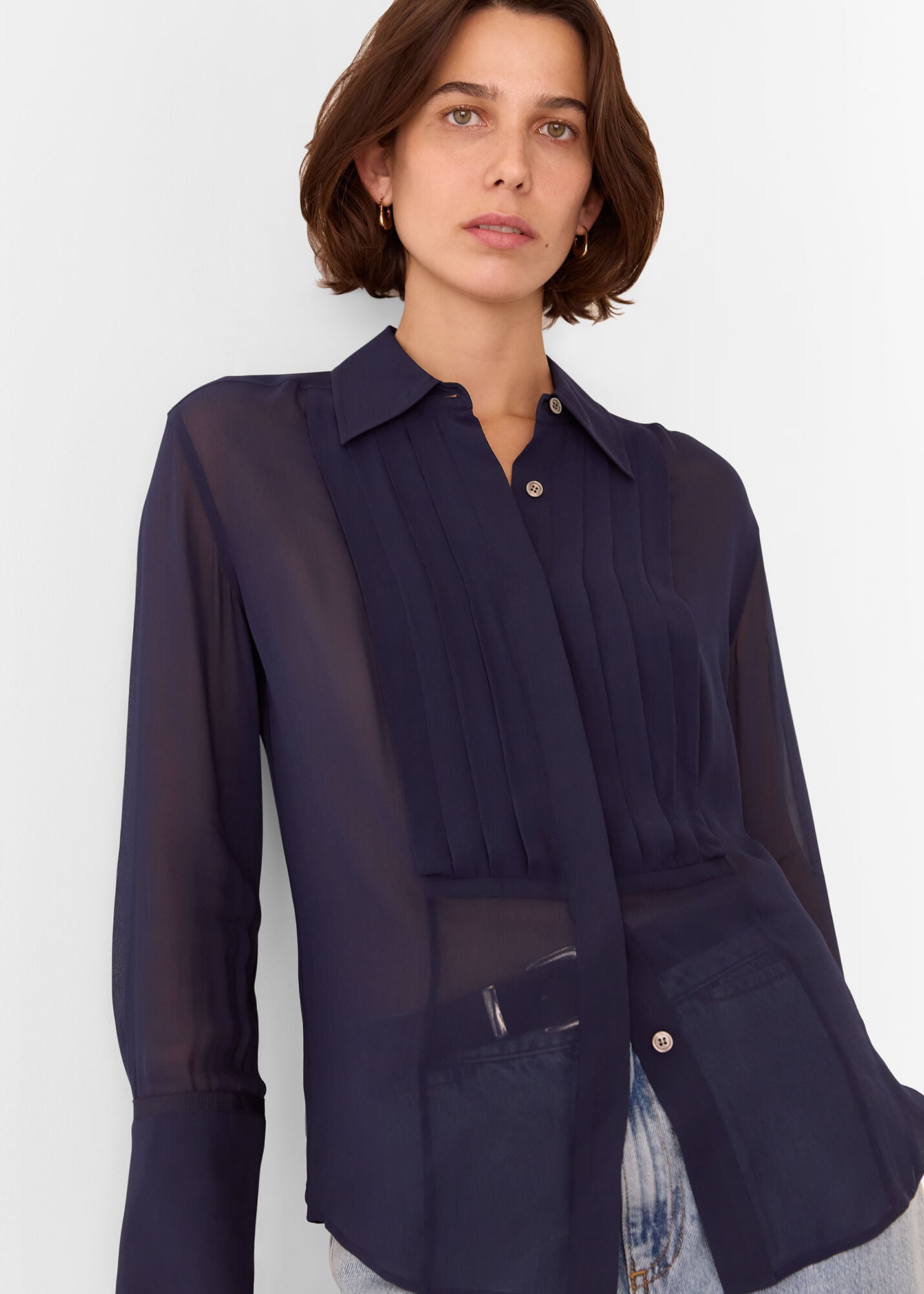 Navy Maya Pintuck Detail Blouse | WHISTLES | Whistles UK |
