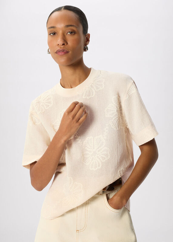 Ivory Textured Floral Jersey Top