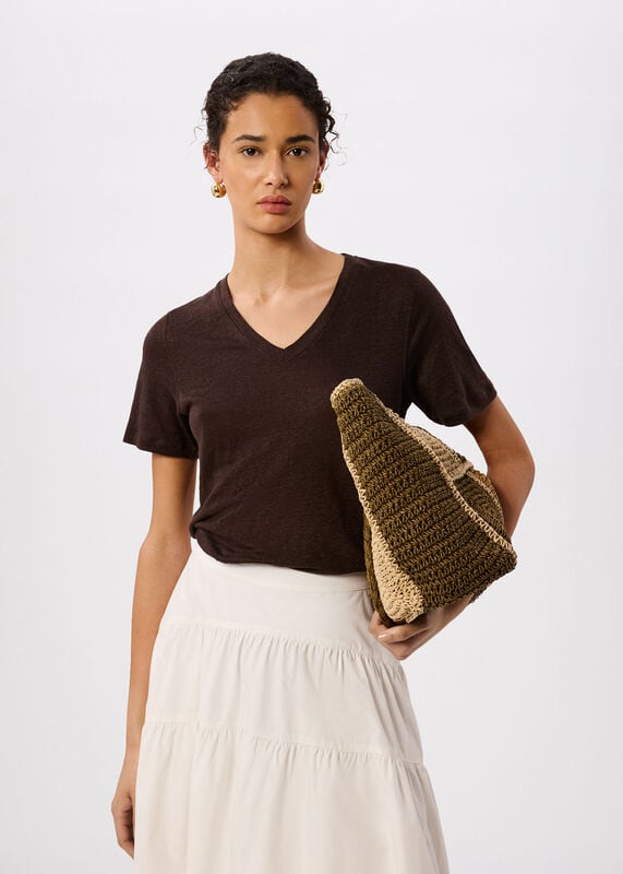 Brown Linen V Neck T-Shirt