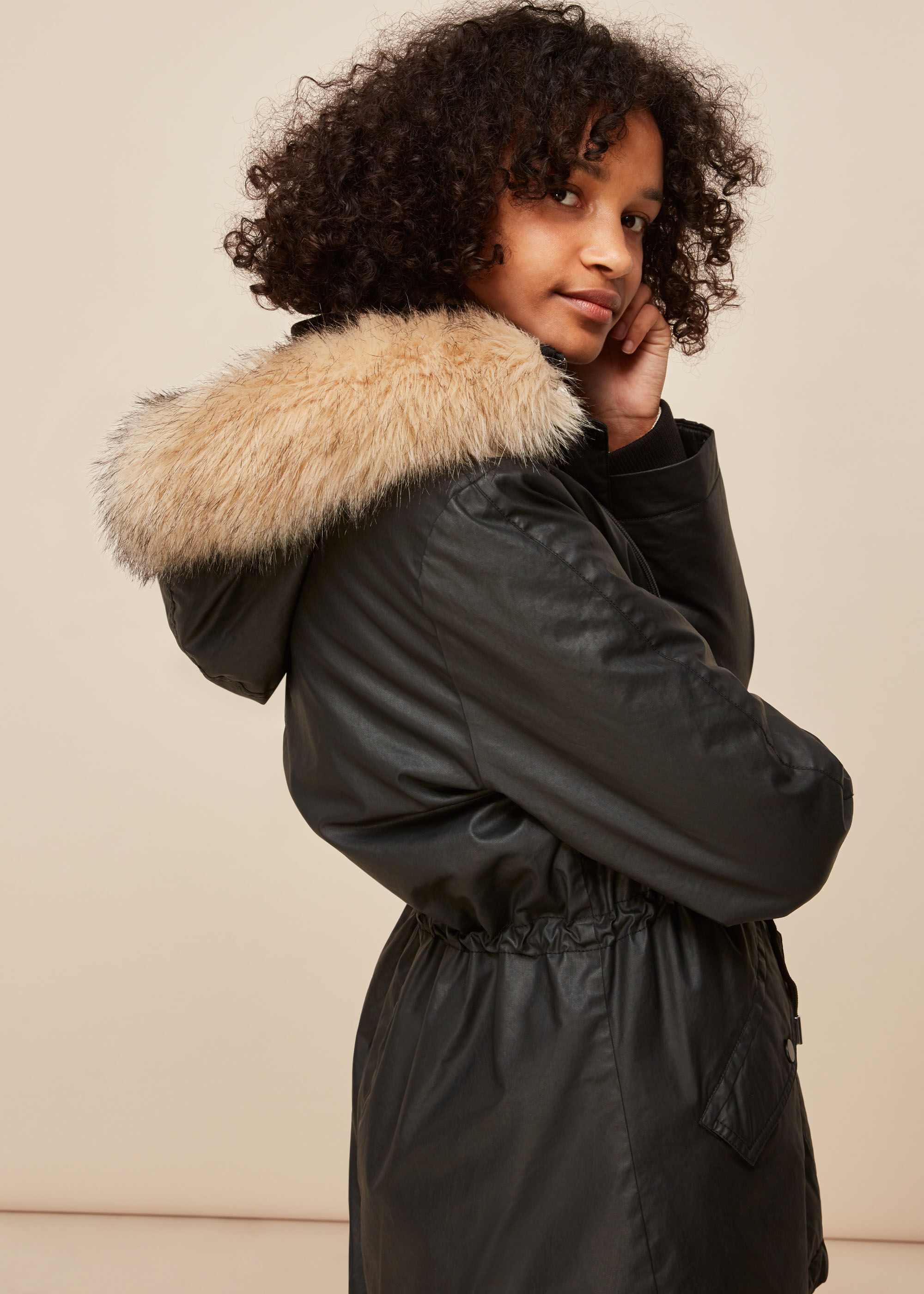 whistles faux fur lined waxy parka