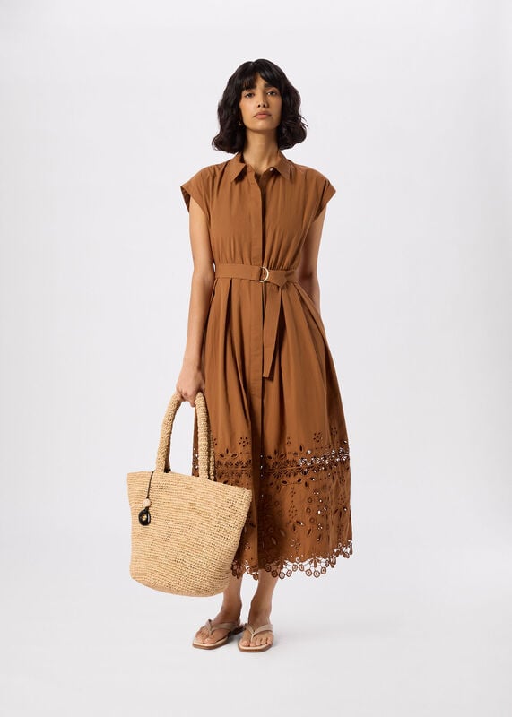 Camel Cotton Broderie Shirt Dress