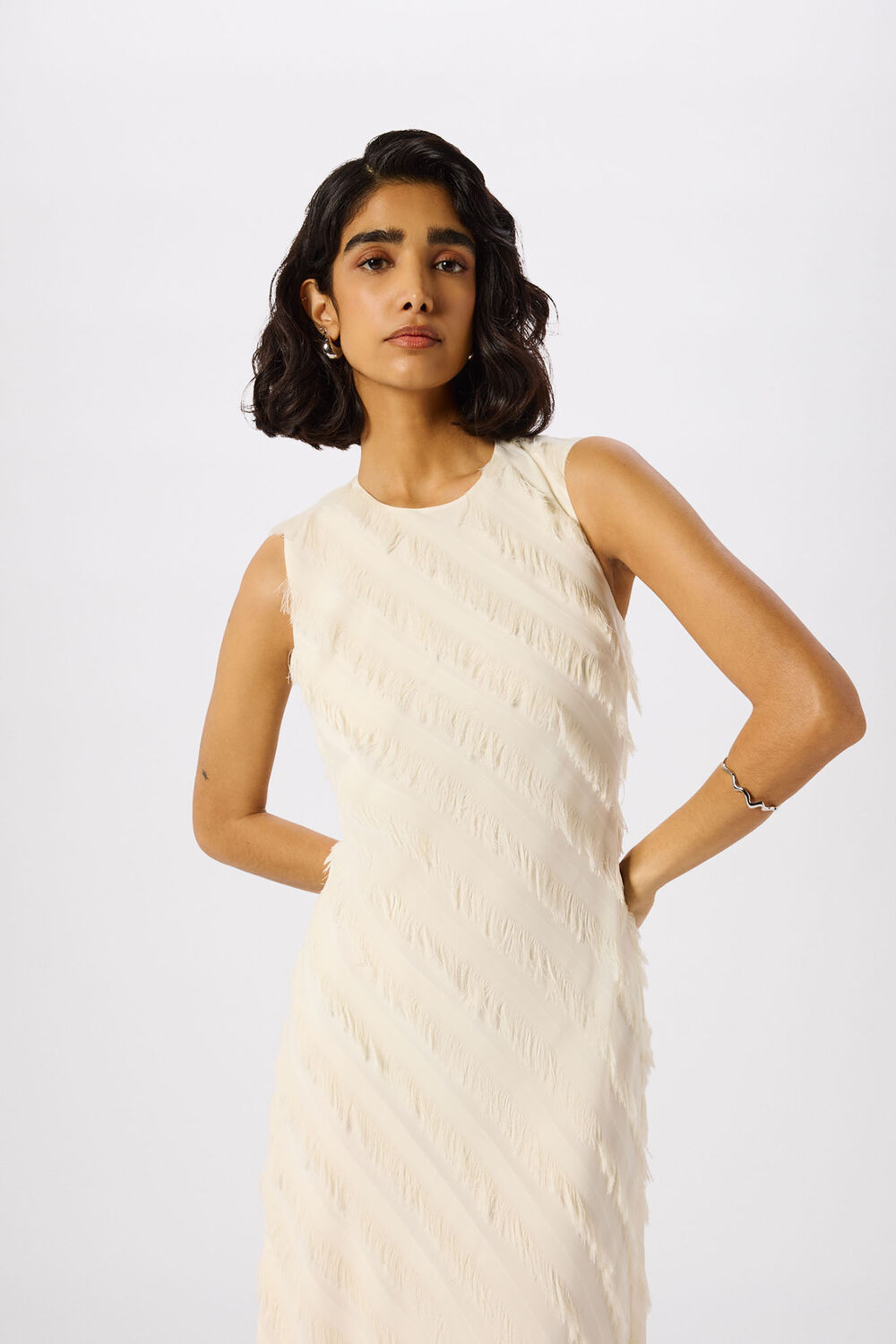 Ivory Diagonal Fringe Textured Dress