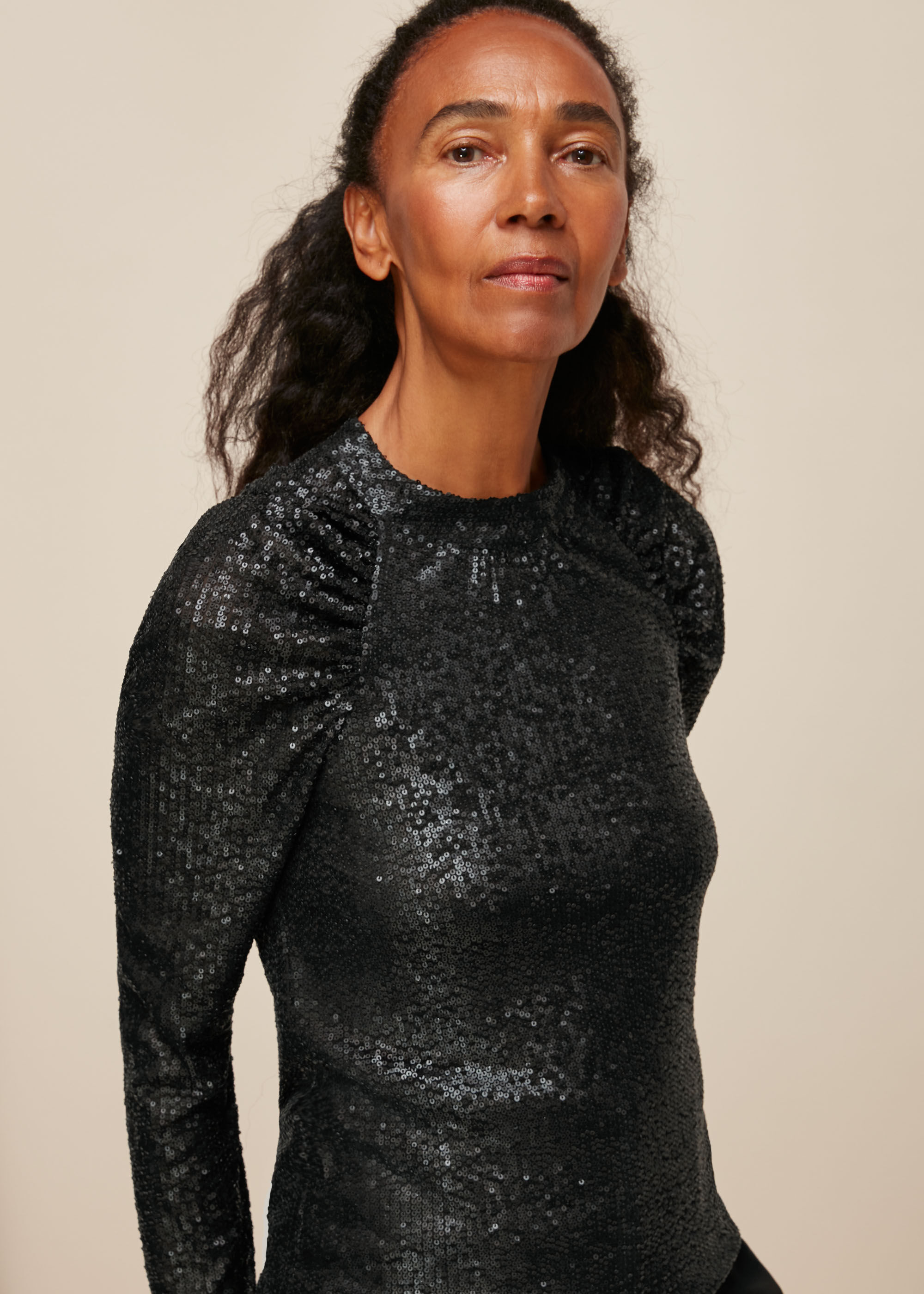 Black Sequin Long Sleeve Top | WHISTLES 