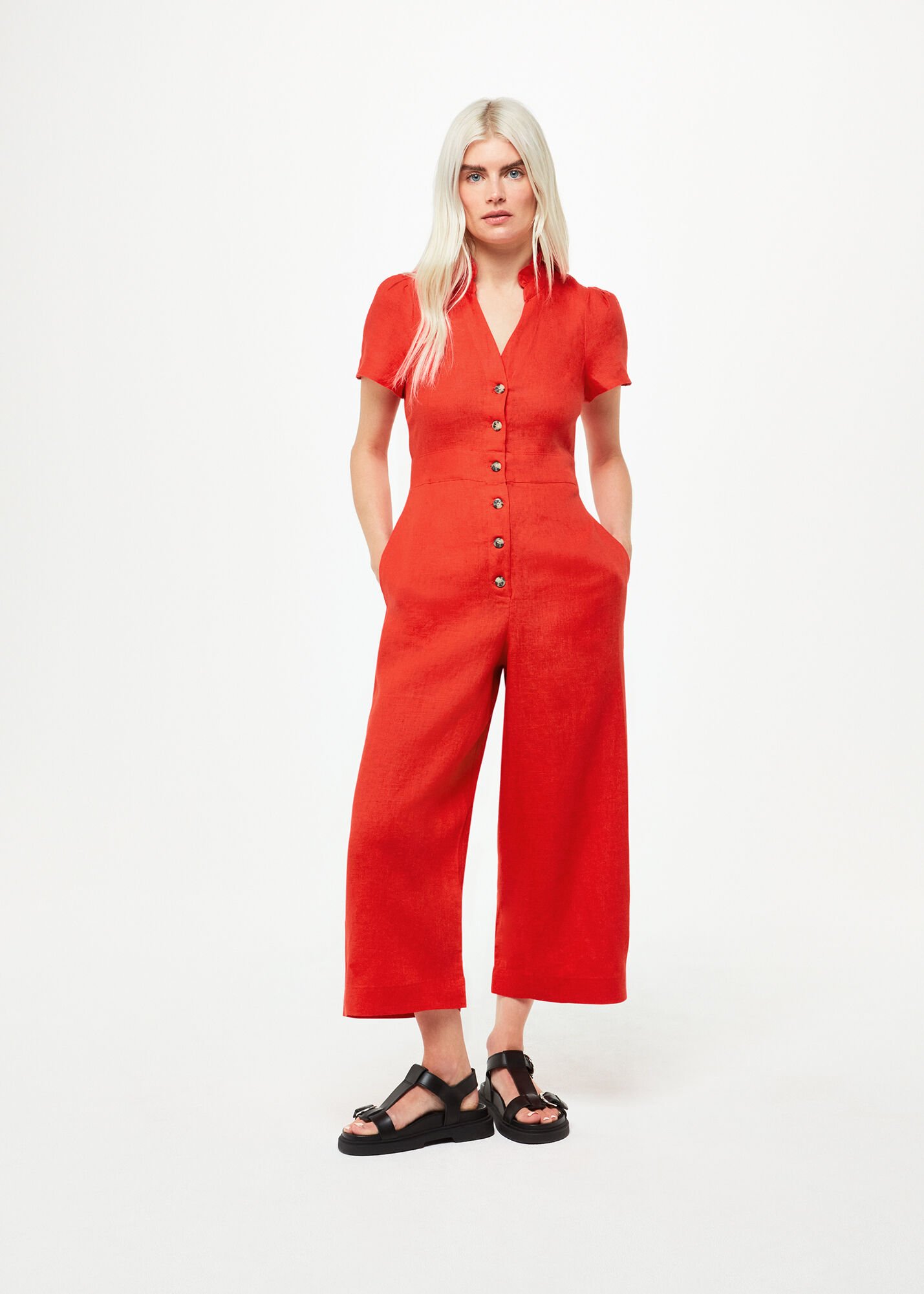Red linen jumpsuit hotsell