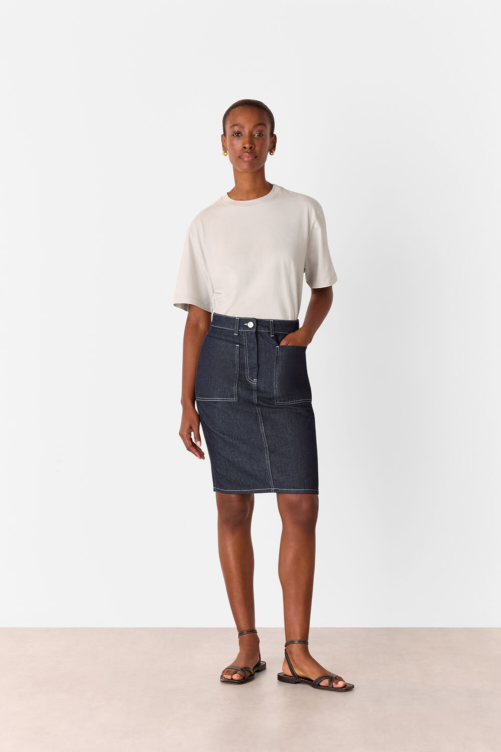 Dark Denim Contrast Stitch Midi Skirt