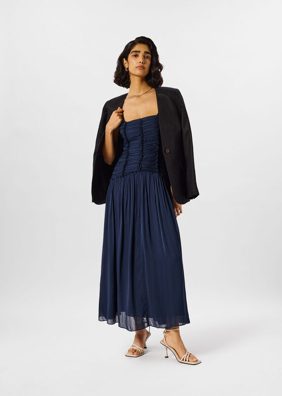 Navy Shirred Bodice Dress