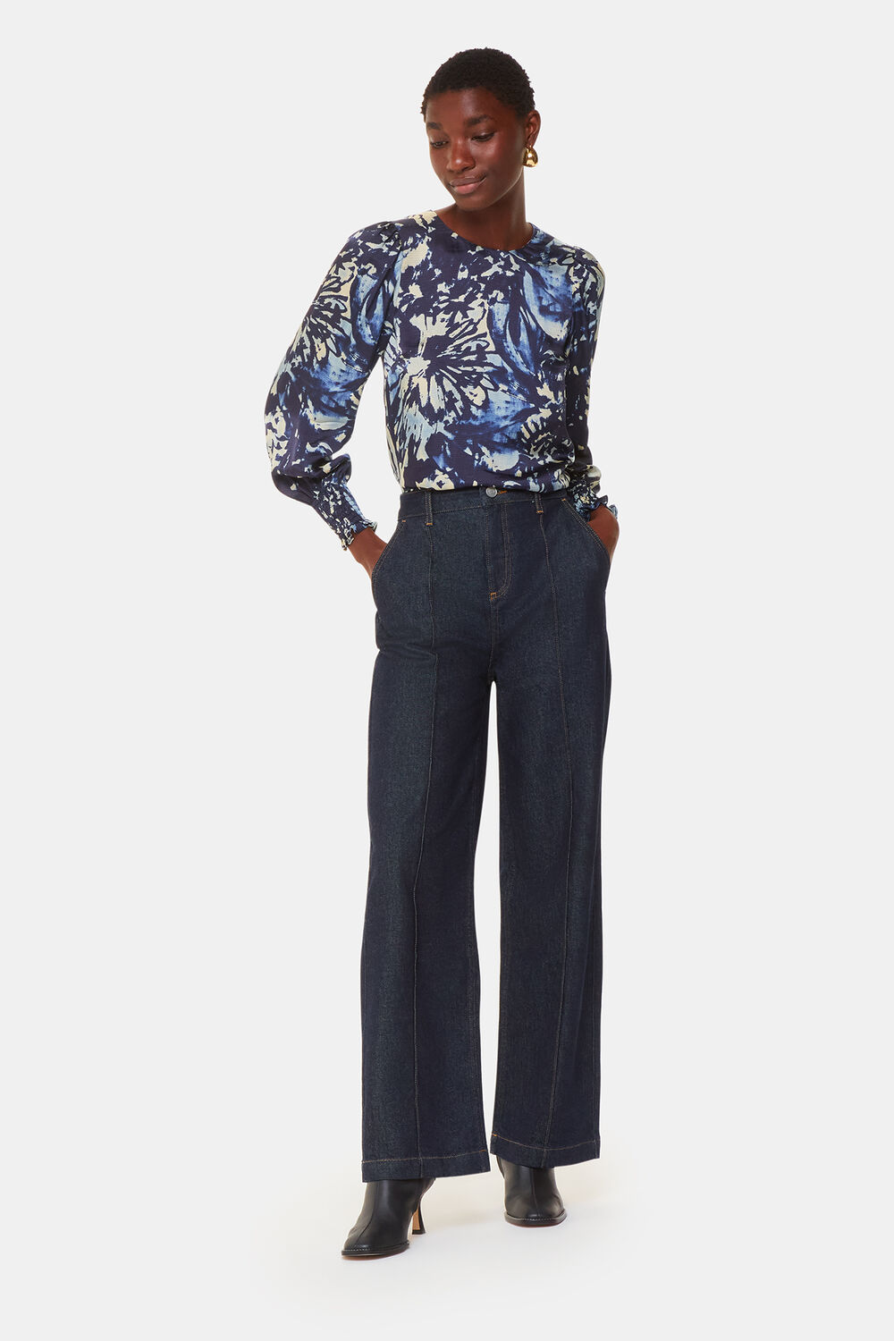 Navy Dazzled Floral Satin Blouse