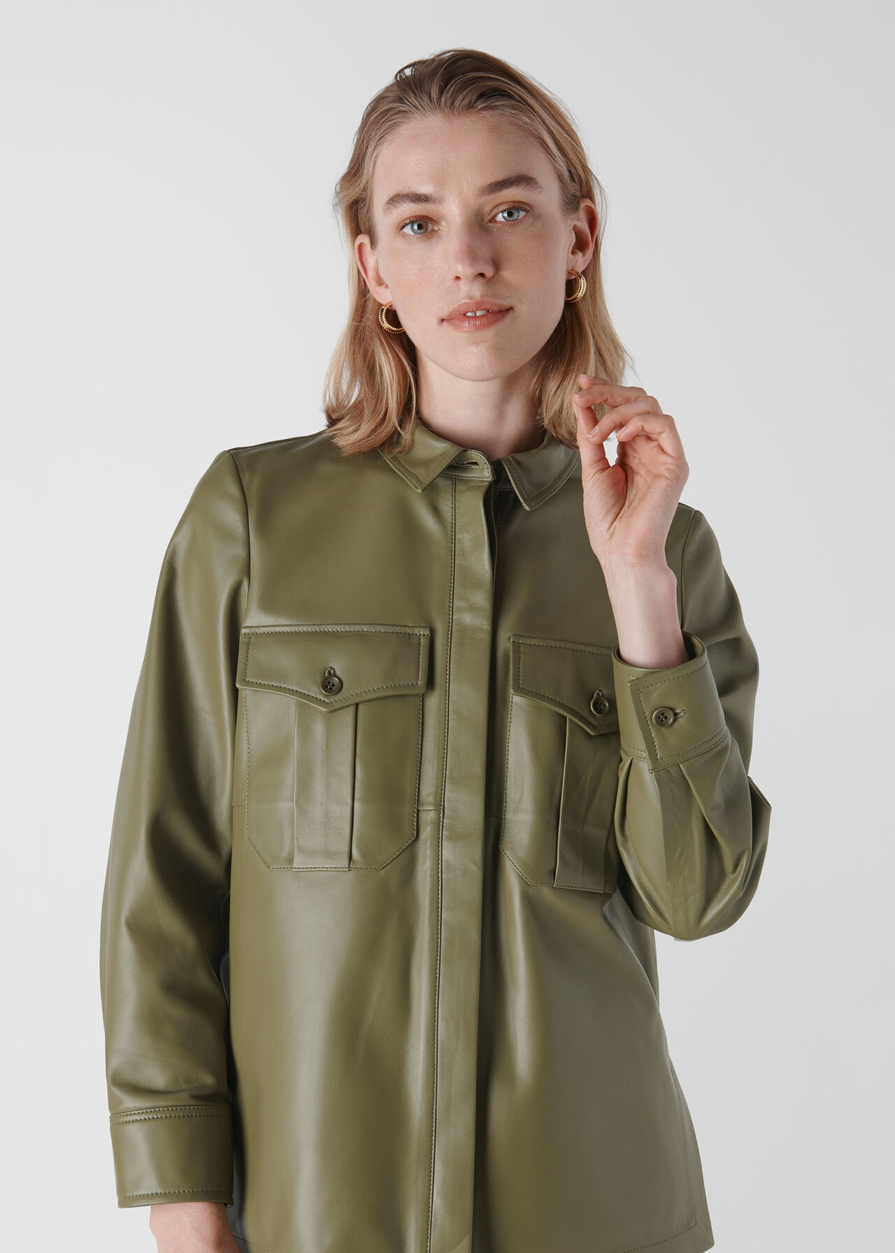 Leather Utility Shirt Khaki