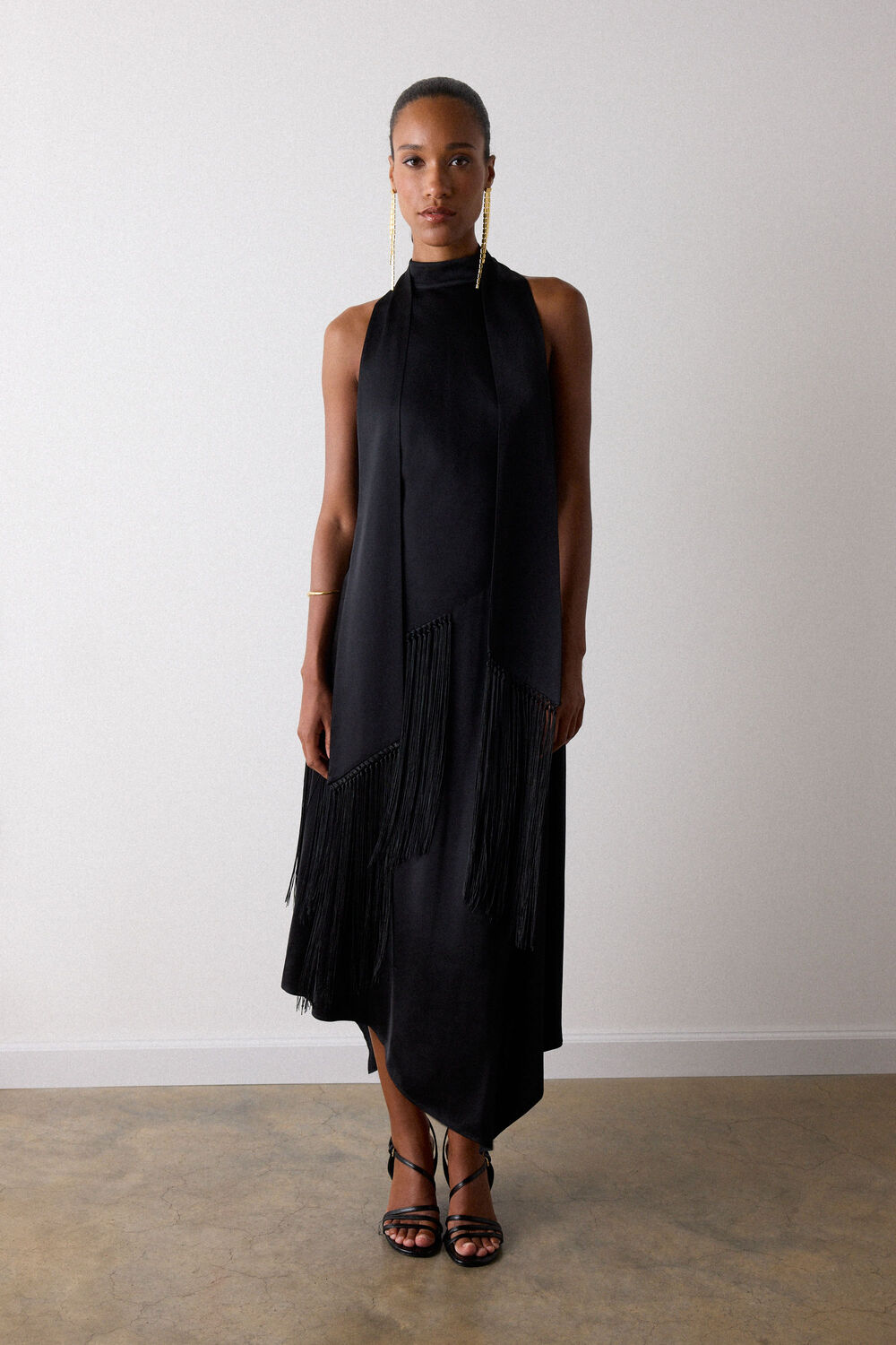 Black Fringed Scarf Detail Dress