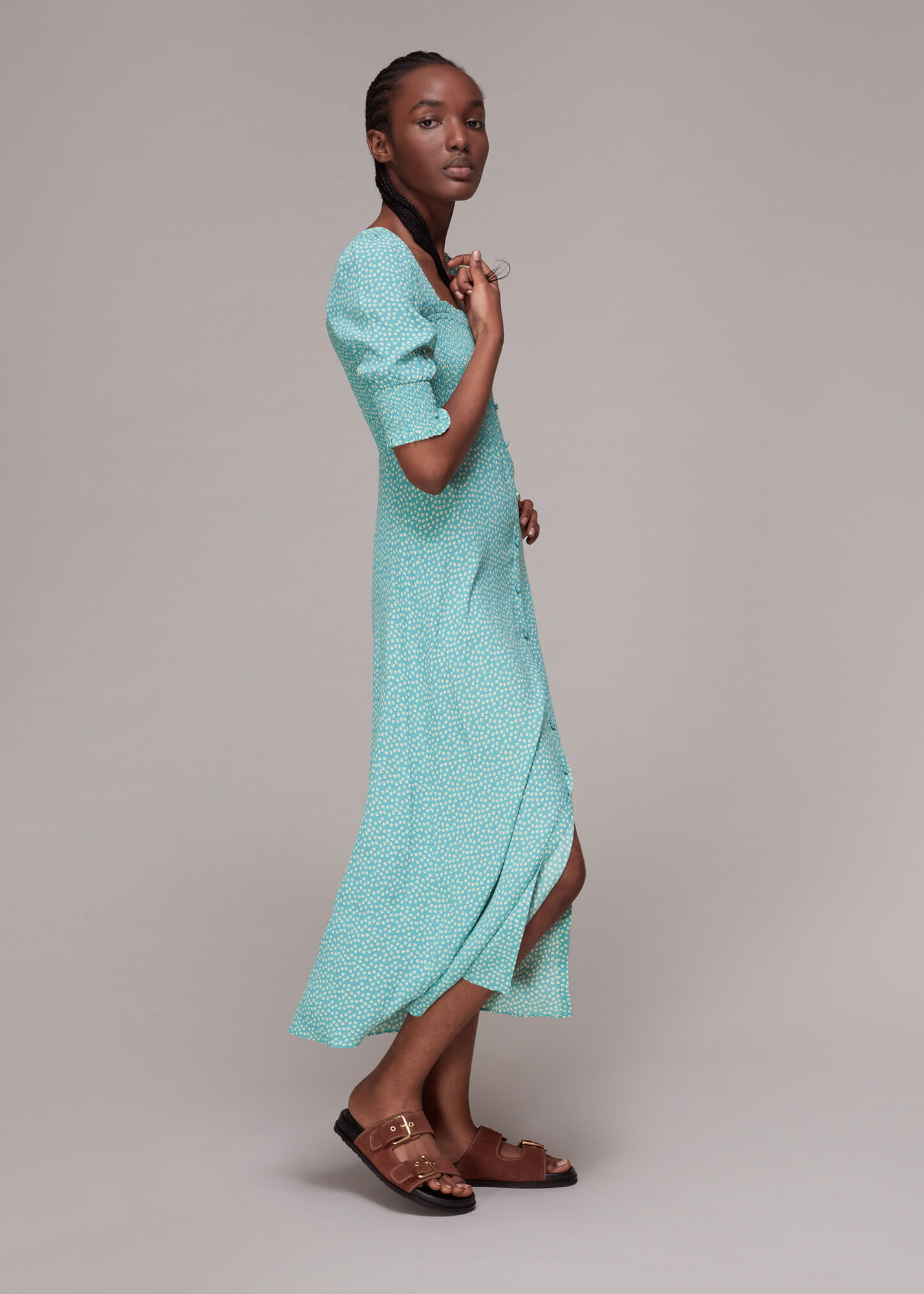 Blue/Multi Ditsy Floral Shirred Dress WHISTLES